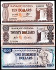 Guyana Lot of 3 Banknotes 1966 - 1999 (ND)

10-20-100 Dollars; P# 23f, 30, 31