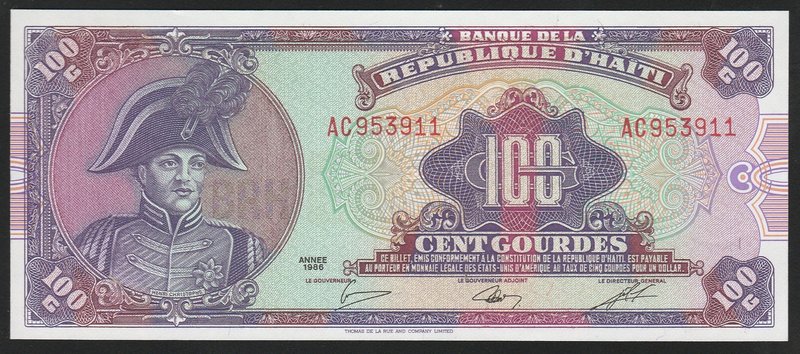 Haiti 100 Gourdes 1986

#AC953911; P# 250; aUNC