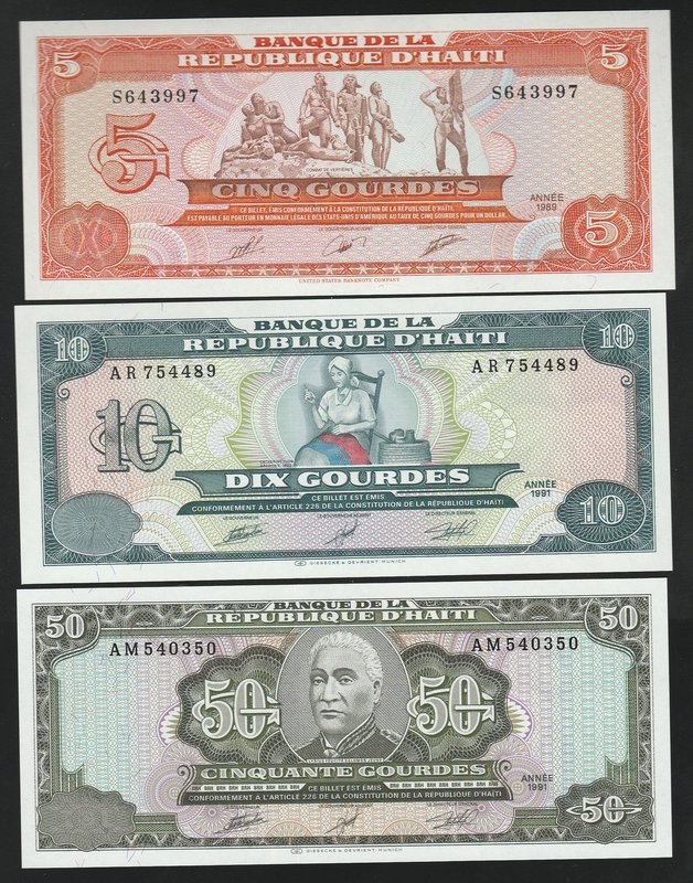 Haiti Lot of 3 Banknotes 1989 -1991

P# 255 - 257