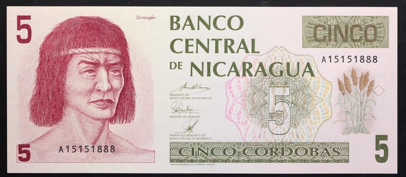 Nicaragua 5 Cordobas 1991

P# 174; № A 15151888; UNC; Prefix A; "Diriangen"