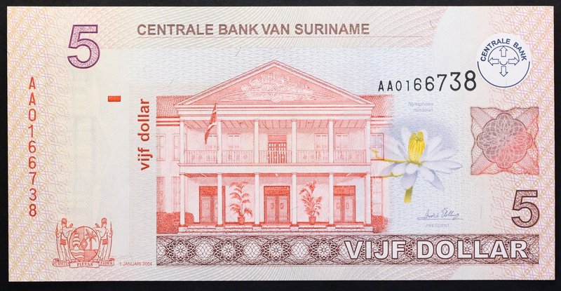 Suriname 5 Dollars 2004

P# 157; № AA 0166738; UNC; Prefix AA