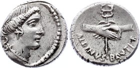Ancient World Rome Denarius 48 B.C.

RRC# 450/2; 4.08g17mm; Obv: PIETAS: Head of Pietas right. Border of dots, Rev: ALBINVS·BRVTI·F: Two hands clasp...