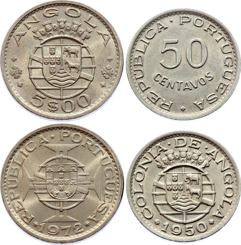 Angola Lot of 2 Coins

50 Centavos 1950, 5 Escudos 1972