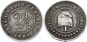 Colombia 2-1/2 Centavo 1881 H

KM# 180; Copper-Nickel