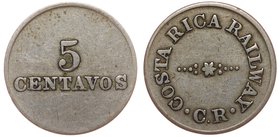 Costa Rica Token San Jose Railway 5 Centavos 1900 -s

Cu-Ni 18mm Used as an Accounting with Railway Workers; Rare Token; VF