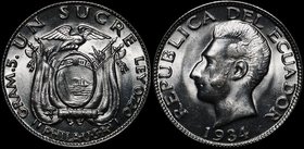 Ecuador 1 Sucre 1934

KM# 72; Silver 5.00g; Burning Mint Luster; BUNC