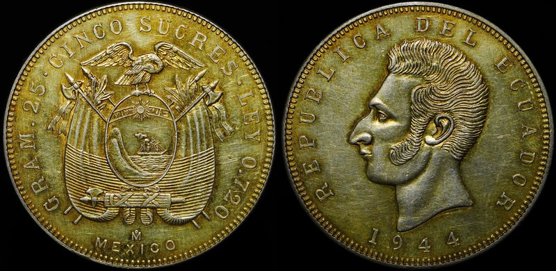 Ecuador 5 Sucres 1944 Mo

KM# 79; Silver 24.98g; Mint Mexico; Cleaning