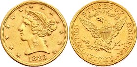 United States 5 Dollars 1883

KM# 101; Gold (.900) 8.36g; "Liberty / Coronet Head - Half Eagle" (With motto); Mint. 233,461