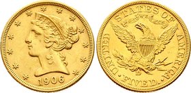 United States 5 Dollars 1906 D

KM# 101; Gold (.900) 8.36g; "Liberty / Coronet Head - Half Eagle" (With motto); Mint. 348,820