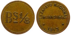 Venezuela Maracaibo 1/8 Bolivar 1913

KM# L3; Brass 16mm; Leprosarium Coinage; VF/XF