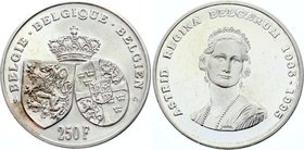 Belgium 250 Francs 1995

KM# 199; Coin alignment; Silver Proof; 60th Anniversary - Death of Queen Astrid
