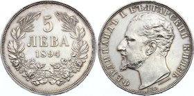 Bulgaria 5 Leva 1894 КБ

KM# 18; Silver; Ferdinand I; UNC with hairlines