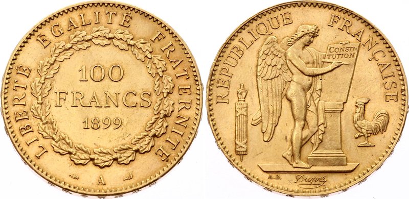 France 100 Francs 1899 A

KM# 832; Gold 32,25 g.; UNC; Bright mint lustre; Att...