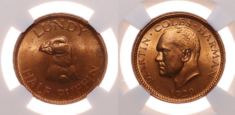 Great Britain Lundy 1/2 Puffin 1929 NGC MS 65 RD

X# Tn1; Red Bronze; Mintage ...