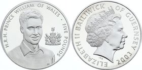 Guernsey 5 Pounds 2003

KM# 143a; Silver Proof; 21st Birthday of Prince William
