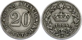 Italy 20 Centesimi 1894 R

KM# 28.2; Copper-Nickel