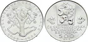 Czechoslovakia 500 Korun 1988

KM# 131; Silver; 20th Anniversary of Czech & Slovak Federation; UNC