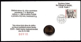 Czechoslovakia 10 Korun 1990 Type "B" RRR

KM# 139; Comes in First Day Cover with Stamp Tomáš Garrigue Masaryk