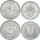 Slovakia Lot of 2 Coins

10 Korun 1944; KM# 9.1 (Cross atop church held by left figure); Prince Pribina; 20 Korun 1941; Silver; KM# 7.1; Simple Cros...