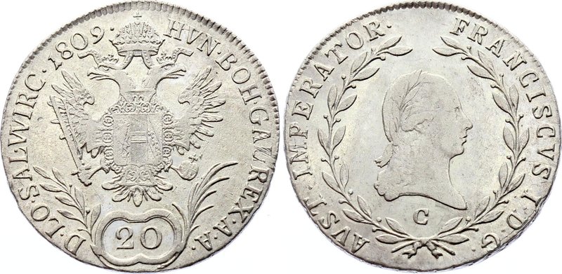 Austria 20 Kreuzer 1809 C - Prague

KM# 2141; Franz I, Prague Mint. Silver. AU...