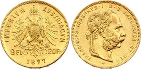 Austria 20 Francs / 8 Florin 1877

KM# 2269; Franz Joseph I; Gold (.900), 6.45 g. Mintage 125192. AUNC, mint luster remains.