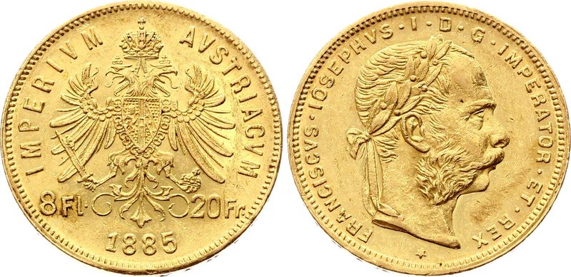 Austria 20 Francs / 8 Florin 1885

KM# 2269; Franz Joseph I; Gold (.900), 6.45...