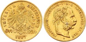 Austria 20 Francs / 8 Florin 1887

KM# 2269; Franz Joseph I; Gold (.900), 6.45 g. Mintage 174227. AUNC, mint luster remains.