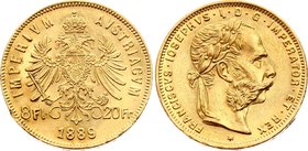Austria 20 Francs / 8 Florin 1889

KM# 2269; Franz Joseph I; Gold (.900), 6.45 g. Mintage 207819. AUNC, mint luster remains.