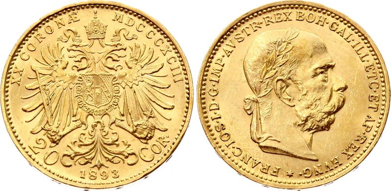 Austria 20 Corona 1893

KM# 2806; Franz Joseph I; Gold (.900) 6.78 g. UNC. Rar...