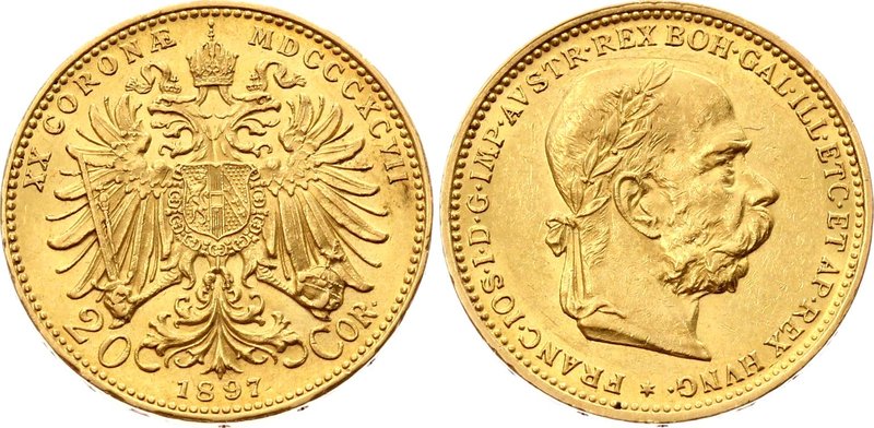 Austria 20 Corona 1897

KM# 2806; Franz Joseph I; Gold (.900) 6.78 g. UNC. Rar...