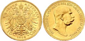Austria 10 Corona 1909

KM# 2815; Franz Joseph I; Gold (.900) 3.39 g. UNC. Rare grade for this one-year type!