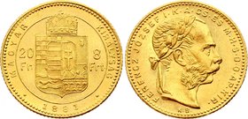 Hungary 20 Francs / 8 Forint 1881 KB - Kremnitz

KM# 467; Franz Joseph I, Kremnitz. Gold (.900) 6,45g. AUNC-UNC. Prooflike with some scratches.
