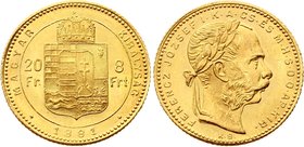 Hungary 20 Francs / 8 Forint 1881 KB - Kremnitz

KM# 467; Franz Joseph I, Kremnitz. Gold (.900) 6,45g. UNC. Prooflike with light scratches. Very rar...