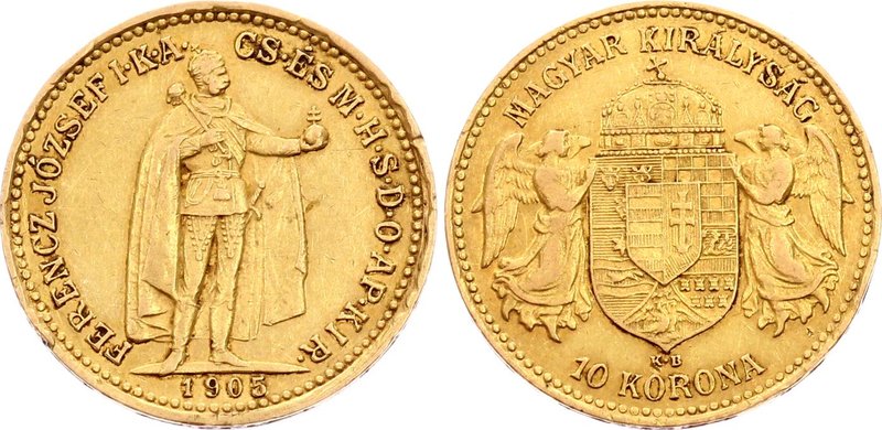 Hungary 10 Korona 1905 KB - Kremnitz

KM# 485; Gold (.900) 3.39g19mm; Franz Jo...