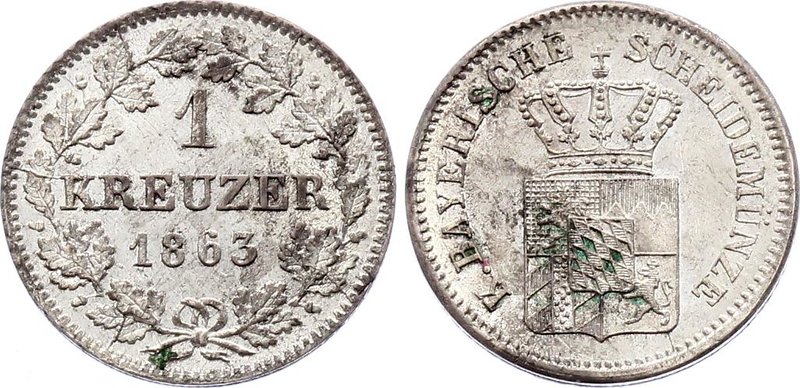 German States - Bavaria 1 Kreuzer 1863

KM# 858; Silver; Maximilian II; UNC wi...