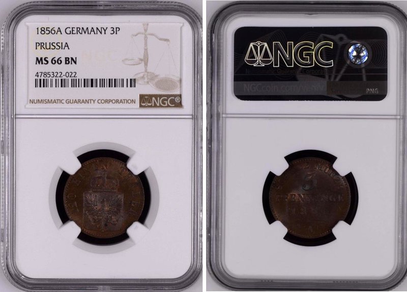 German States - Prussia 3 Pfennig 1856 A NGC MS 66 BN

Prussia