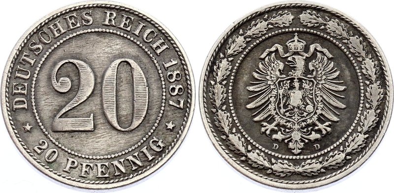 Germany - Empire 20 Pfennig 1887 D

KM# 9; XF