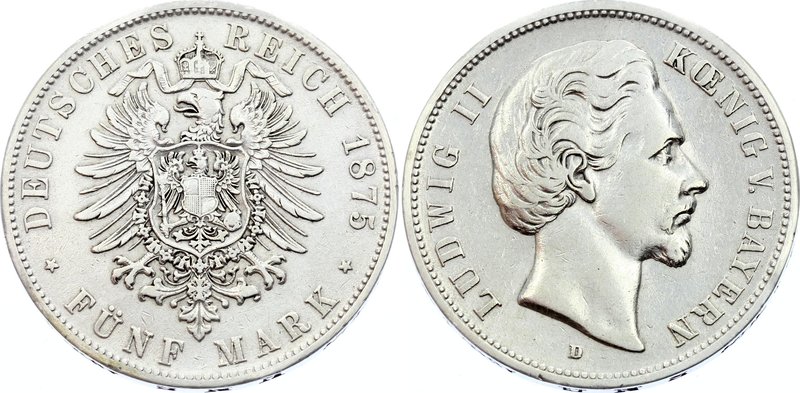 Germany - Empire Bavaria 5 Mark 1875 D

KM# 896; Silver; Ludwig II