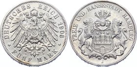 Germany - Empire Hamburg 5 Mark 1903 J

KM# 610; Silver
