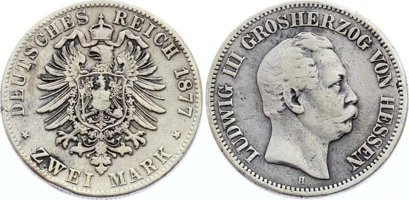 Germany - Empire Hessen-Darmstadt 2 Mark 1877 H RARE

KM# 355; Silver; Ludwig ...