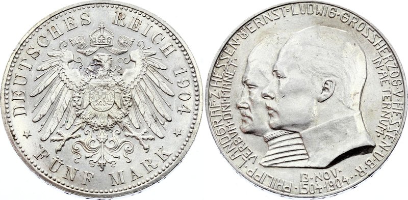 Germany - Empire Hessen-Darmstadt 5 Mark 1904

KM# 373; Silver; 400th Birthday...