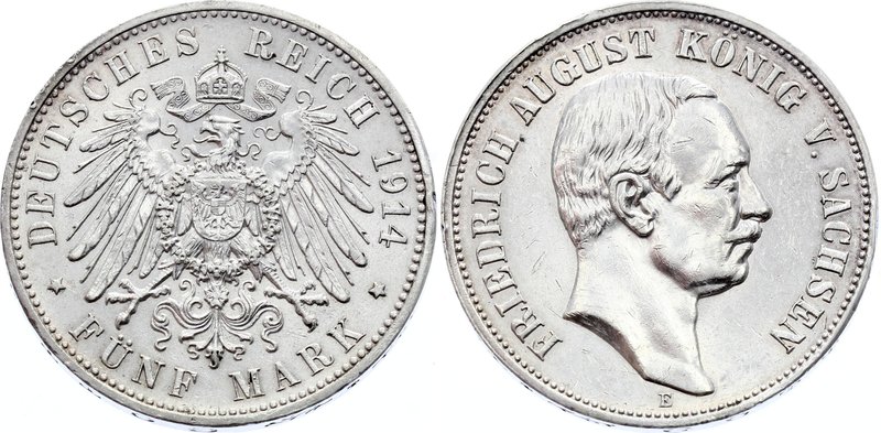 Germany - Empire Saxony - Albertine 5 Mark 1914 E

KM# 1266; Silver; Friedrich...