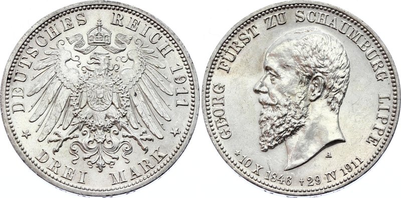 Germany - Empire Schaumburg - Lippe 3 Mark 1911 A

KM# 55; Silver; Death of Pr...