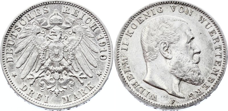 Germany - Empire Wurttemberg 3 Mark 1910 F

KM# 635; Silver; Wilhelm II