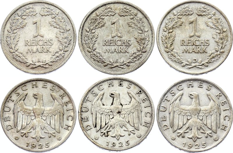 Germany - Weimar Republic Lot of 3 Coins 1 Reichsmark 1925 A-D-E

KM# 44; Silv...