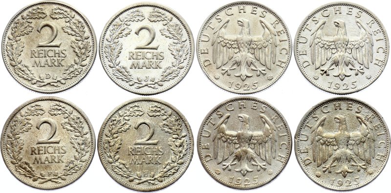 Germany - Weimar Republic Lot of 4 Coins 2 Reichsmark 1925 D-E-F-J

KM# 45; Si...