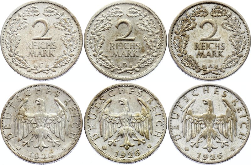 Germany - Weimar Republic Lot of 3 Coins 2 Reichsmark 1926 A-D-E

KM# 45; Silv...