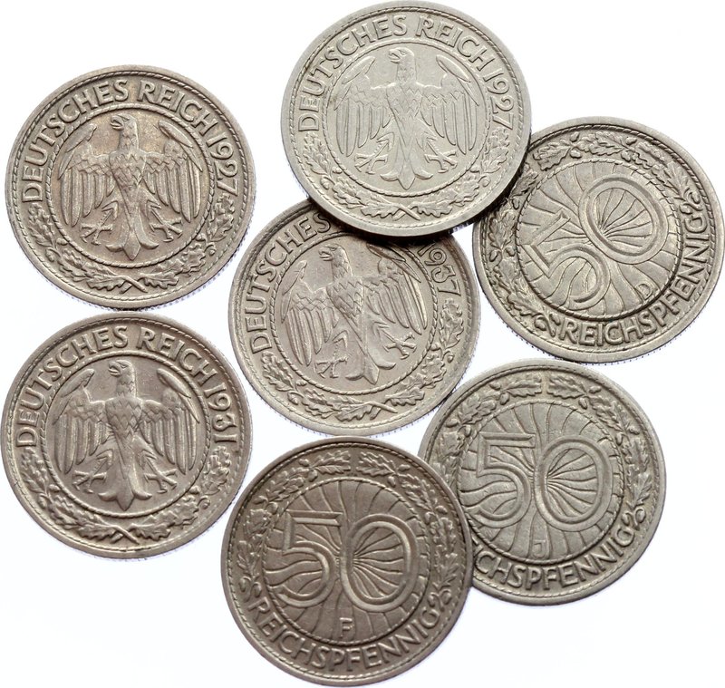 Germany - Weimar Republic Lot of 7 Coins 50 Reichspfennig 1927 - 1937 Key Dates...