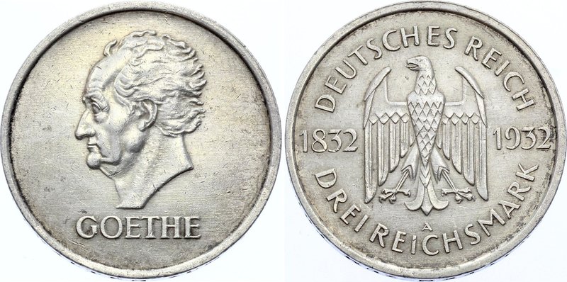 Germany - Weimar Republic 3 Reichsmark 1932 A

KM# 76; Goethe Death. Silver, A...