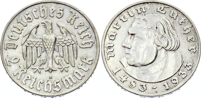 Germany - Weimar Republic 2 Reichsmark 1933 A

KM# 79; Silver; Martin Luther